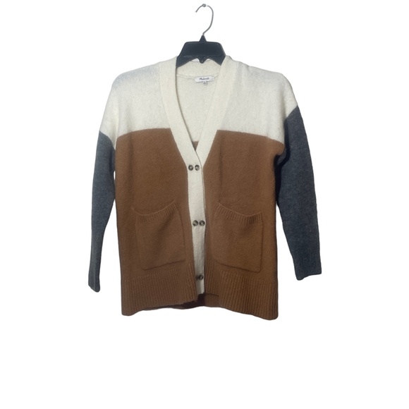 Madewell  XS  Button Cardigan Sweater Tan Ivory and Gray Pockets - Picture 3 of 5